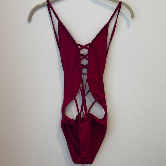 Elegant Burgundy Lace-Up Bodysuit - Picture 1 of 4